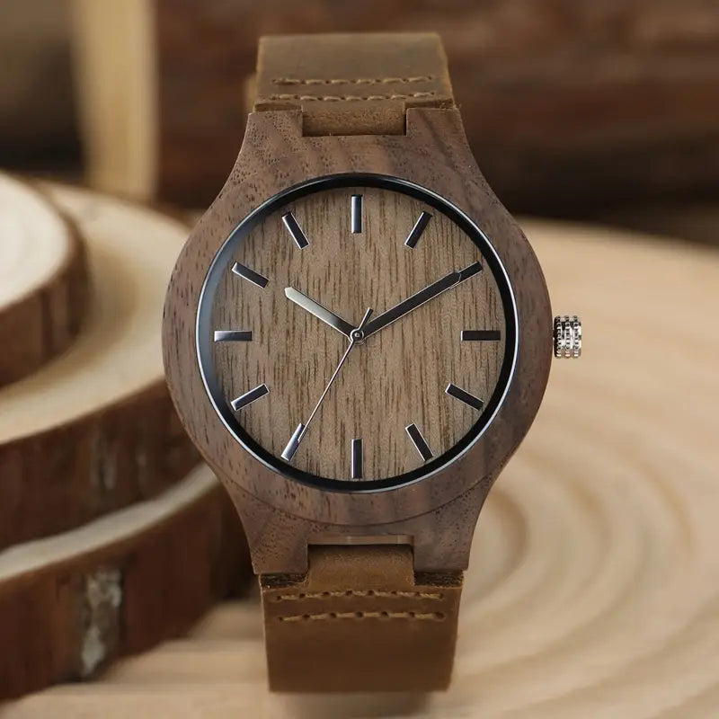 Men'S Wooden Watch With Walnut Case, Simple Retro Style, Quartz Movement, Genuine Leather Strap, Stylish Men'S Watch, Creative Wooden Watch, Perfect For Boyfriend'S Birthday Or Valentine'S Day Gift, High-Looking Watch