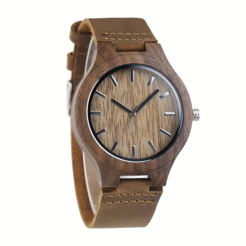 Men'S Wooden Watch With Walnut Case, Simple Retro Style, Quartz Movement, Genuine Leather Strap, Stylish Men'S Watch, Creative Wooden Watch, Perfect For Boyfriend'S Birthday Or Valentine'S Day Gift, High-Looking Watch