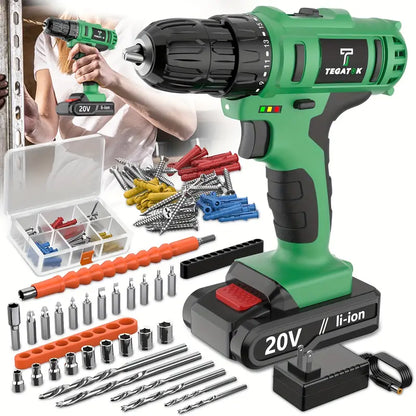 20V Cordless Drill Set, Impact Power Drill With 3/8 Inch Keyless Chuck, 18+3 Clutch Electric Drill With Work Light, Max Torque 45Nm, 2-Variable Speed & 2.0AH Batteries And Fast Charger
