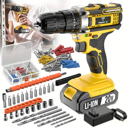 20V Cordless Drill Set, Impact Power Drill With 3/8 Inch Keyless Chuck, 18+3 Clutch Electric Drill With Work Light, Max Torque 45Nm, 2-Variable Speed & 2.0AH Batteries And Fast Charger