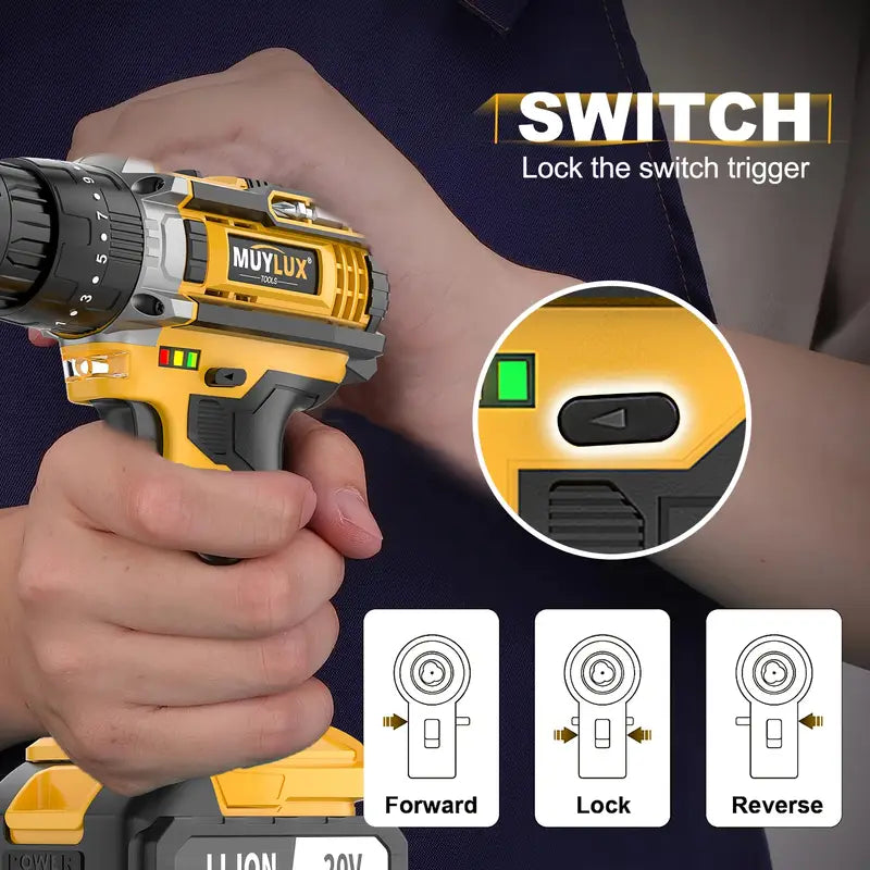 20V Cordless Drill Set, Impact Power Drill With 3/8 Inch Keyless Chuck, 18+3 Clutch Electric Drill With Work Light, Max Torque 45Nm, 2-Variable Speed & 2.0AH Batteries And Fast Charger