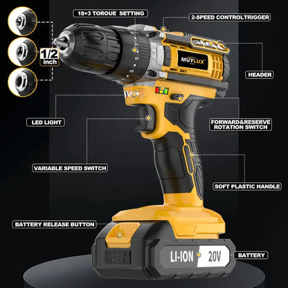 20V Cordless Drill Set, Impact Power Drill With 3/8 Inch Keyless Chuck, 18+3 Clutch Electric Drill With Work Light, Max Torque 45Nm, 2-Variable Speed & 2.0AH Batteries And Fast Charger
