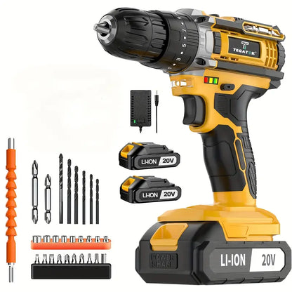 20V Cordless Drill Set, Impact Power Drill With 3/8 Inch Keyless Chuck, 18+3 Clutch Electric Drill With Work Light, Max Torque 45Nm, 2-Variable Speed & 2.0AH Batteries And Fast Charger