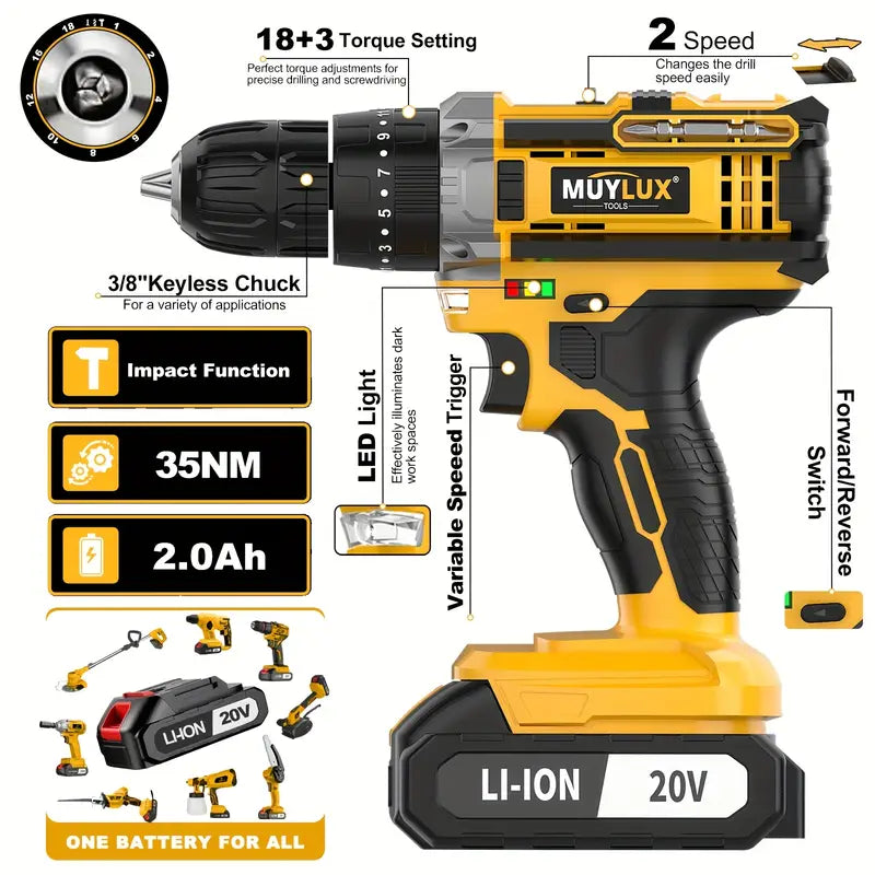 20V Cordless Drill Set, Impact Power Drill With 3/8 Inch Keyless Chuck, 18+3 Clutch Electric Drill With Work Light, Max Torque 45Nm, 2-Variable Speed & 2.0AH Batteries And Fast Charger