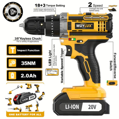 20V Cordless Drill Set, Impact Power Drill With 3/8 Inch Keyless Chuck, 18+3 Clutch Electric Drill With Work Light, Max Torque 45Nm, 2-Variable Speed & 2.0AH Batteries And Fast Charger