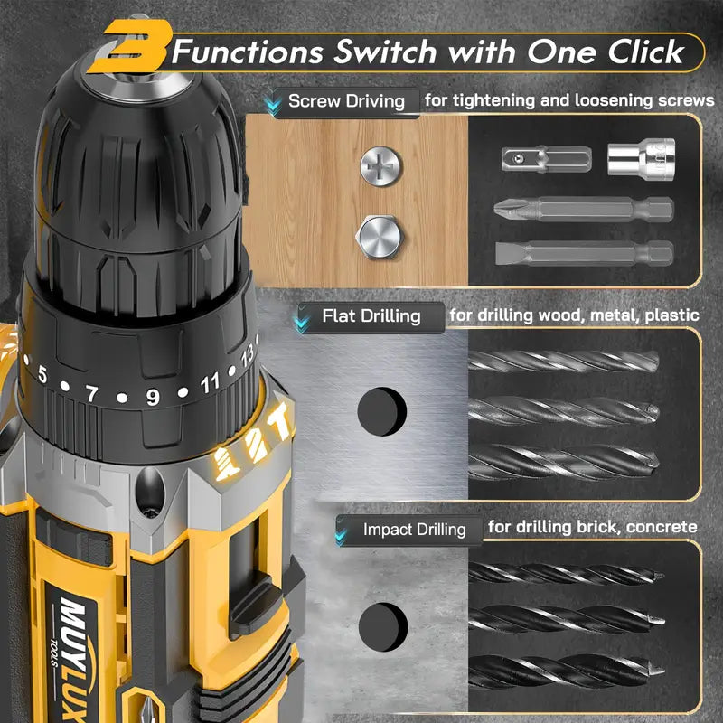 20V Cordless Drill Set, Impact Power Drill With 3/8 Inch Keyless Chuck, 18+3 Clutch Electric Drill With Work Light, Max Torque 45Nm, 2-Variable Speed & 2.0AH Batteries And Fast Charger