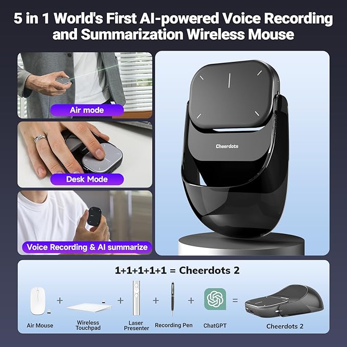 Cheerdots 2 Detachable Air Mouse Wireless Touchpad All-in-one Pocket Recording Enabled Mouse Customized Gaming Mouse