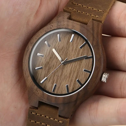 Men'S Wooden Watch With Walnut Case, Simple Retro Style, Quartz Movement, Genuine Leather Strap, Stylish Men'S Watch, Creative Wooden Watch, Perfect For Boyfriend'S Birthday Or Valentine'S Day Gift, High-Looking Watch