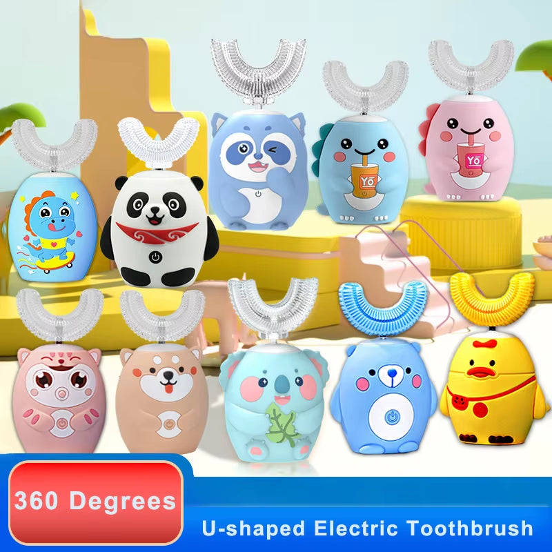 360° Sonic Electric Toothbrush U Shape Rechargeable for Kids Children Automatic Silicone Tooth Brush Smart Timer Blue Light IPX7