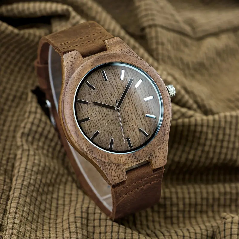 Men'S Wooden Watch With Walnut Case, Simple Retro Style, Quartz Movement, Genuine Leather Strap, Stylish Men'S Watch, Creative Wooden Watch, Perfect For Boyfriend'S Birthday Or Valentine'S Day Gift, High-Looking Watch