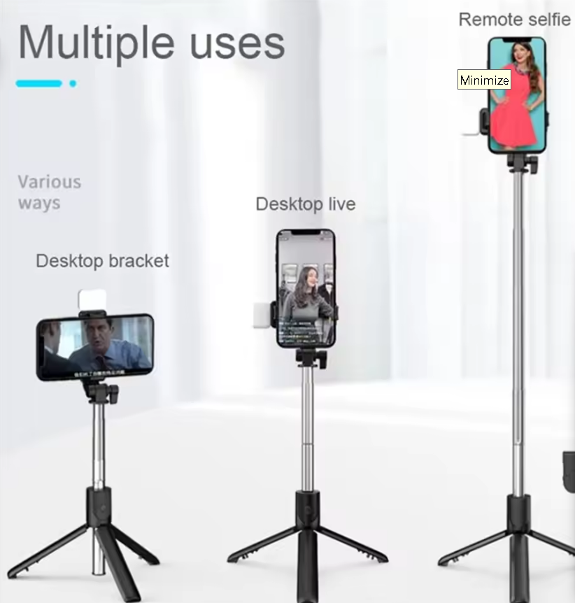 Portable Bluetooth Selfie Stick Tripod Holder with Remote Shutter Fill Light Extendable Wireless Remote Retractable Phone Stand