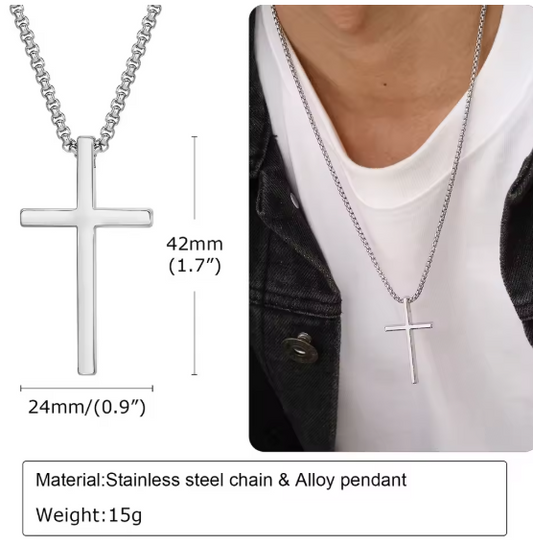 ✝️ Cross Necklace for Men & Women – Silver Stainless Steel Plain Cross Pendant with Box Chain | Unisex Faith Necklace, Minimalist Religious Jewelry Gift