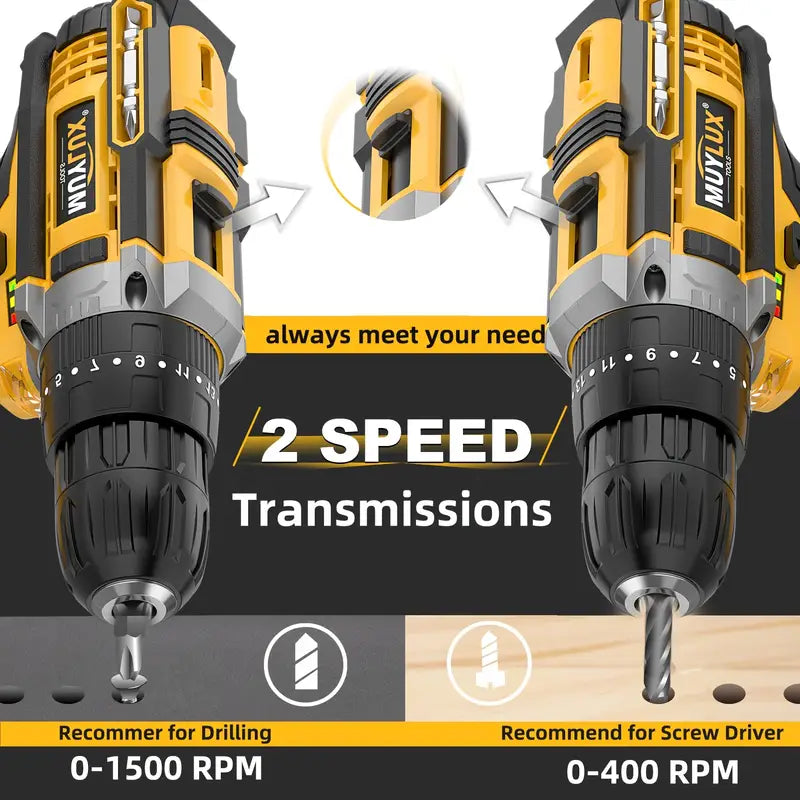 20V Cordless Drill Set, Impact Power Drill With 3/8 Inch Keyless Chuck, 18+3 Clutch Electric Drill With Work Light, Max Torque 45Nm, 2-Variable Speed & 2.0AH Batteries And Fast Charger