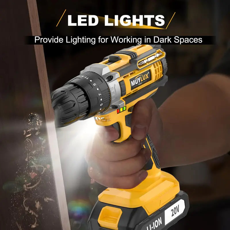 20V Cordless Drill Set, Impact Power Drill With 3/8 Inch Keyless Chuck, 18+3 Clutch Electric Drill With Work Light, Max Torque 45Nm, 2-Variable Speed & 2.0AH Batteries And Fast Charger