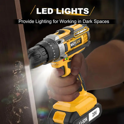 20V Cordless Drill Set, Impact Power Drill With 3/8 Inch Keyless Chuck, 18+3 Clutch Electric Drill With Work Light, Max Torque 45Nm, 2-Variable Speed & 2.0AH Batteries And Fast Charger