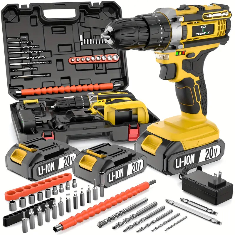 20V Cordless Drill Set, Impact Power Drill With 3/8 Inch Keyless Chuck, 18+3 Clutch Electric Drill With Work Light, Max Torque 45Nm, 2-Variable Speed & 2.0AH Batteries And Fast Charger