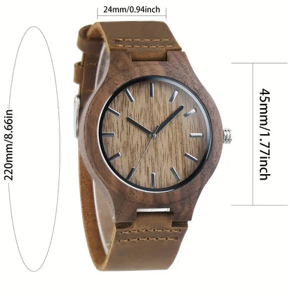 Men'S Wooden Watch With Walnut Case, Simple Retro Style, Quartz Movement, Genuine Leather Strap, Stylish Men'S Watch, Creative Wooden Watch, Perfect For Boyfriend'S Birthday Or Valentine'S Day Gift, High-Looking Watch